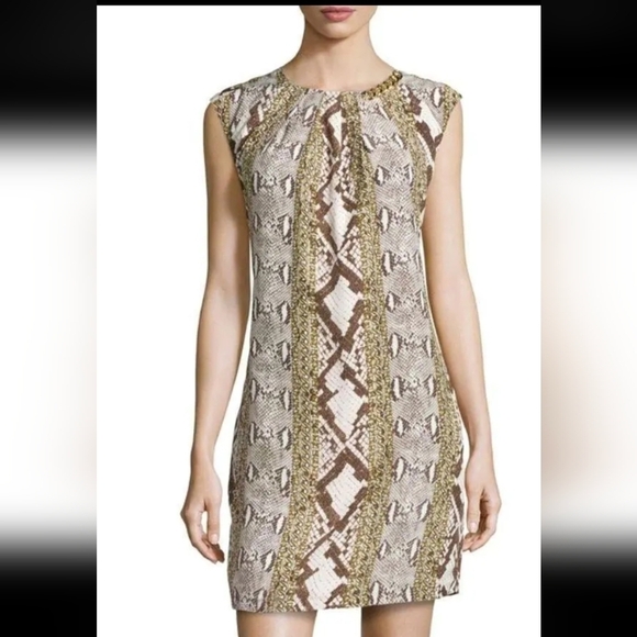 MICHAEL Kors Mixed Snake Print Georgette Shift Gold Chain Brown Dress Size 10 - Picture 2 of 15
